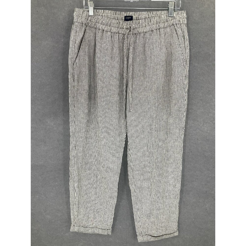 J. Crew‎ Pants Womens Sz 12 Linen Striped Black White Cuff Hem Artsy Beachy Boho